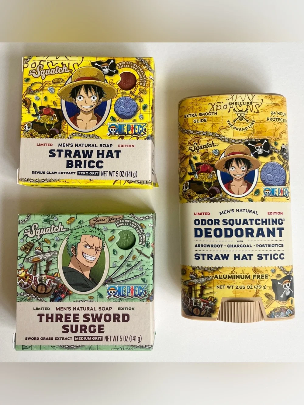 x3 Dr Squatch ONE PIECE Pirate Treasure Straw Hat Zoro Luffy Bar Soap Deodorant